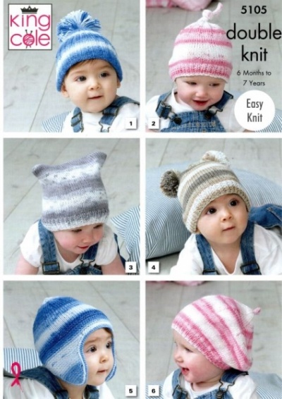 Knitting Pattern - King Cole 5105 - Cottonsoft Baby Crush DK - Hats